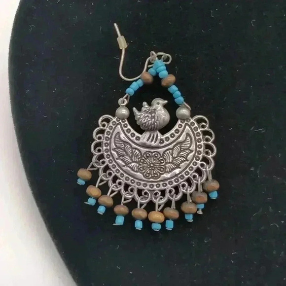 Silver and turquoise necklace and earrings set small bird on crescent  19 in - Picture 4 of 5